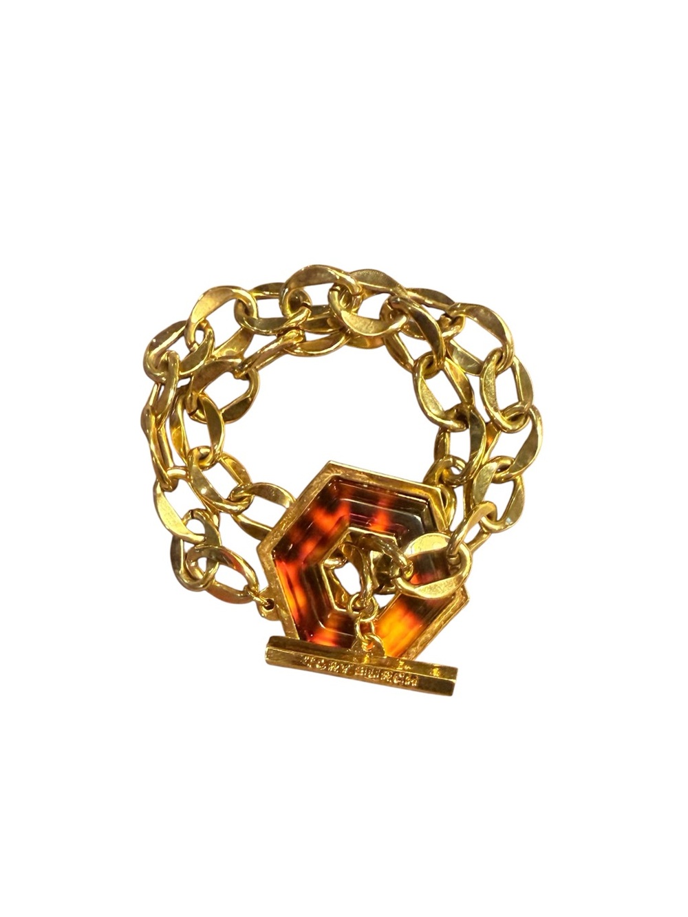 Rare Tory Burch Gold-Tone Double Chain Bracelet Tortoiseshell Hexagon Closure